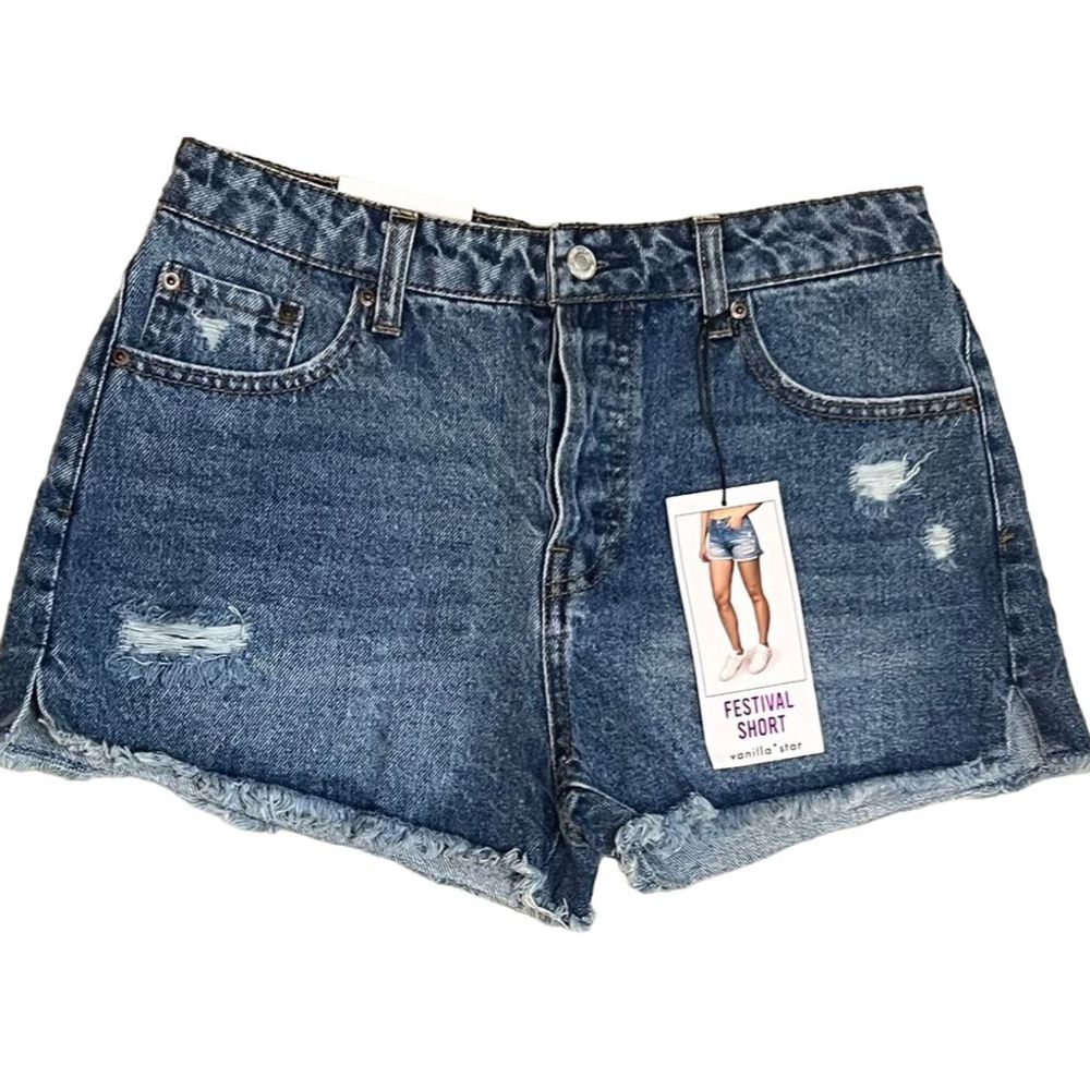 Vanilla Star Women's Cut-Off Denim Festival Shorts Blue Size 3 Cotton